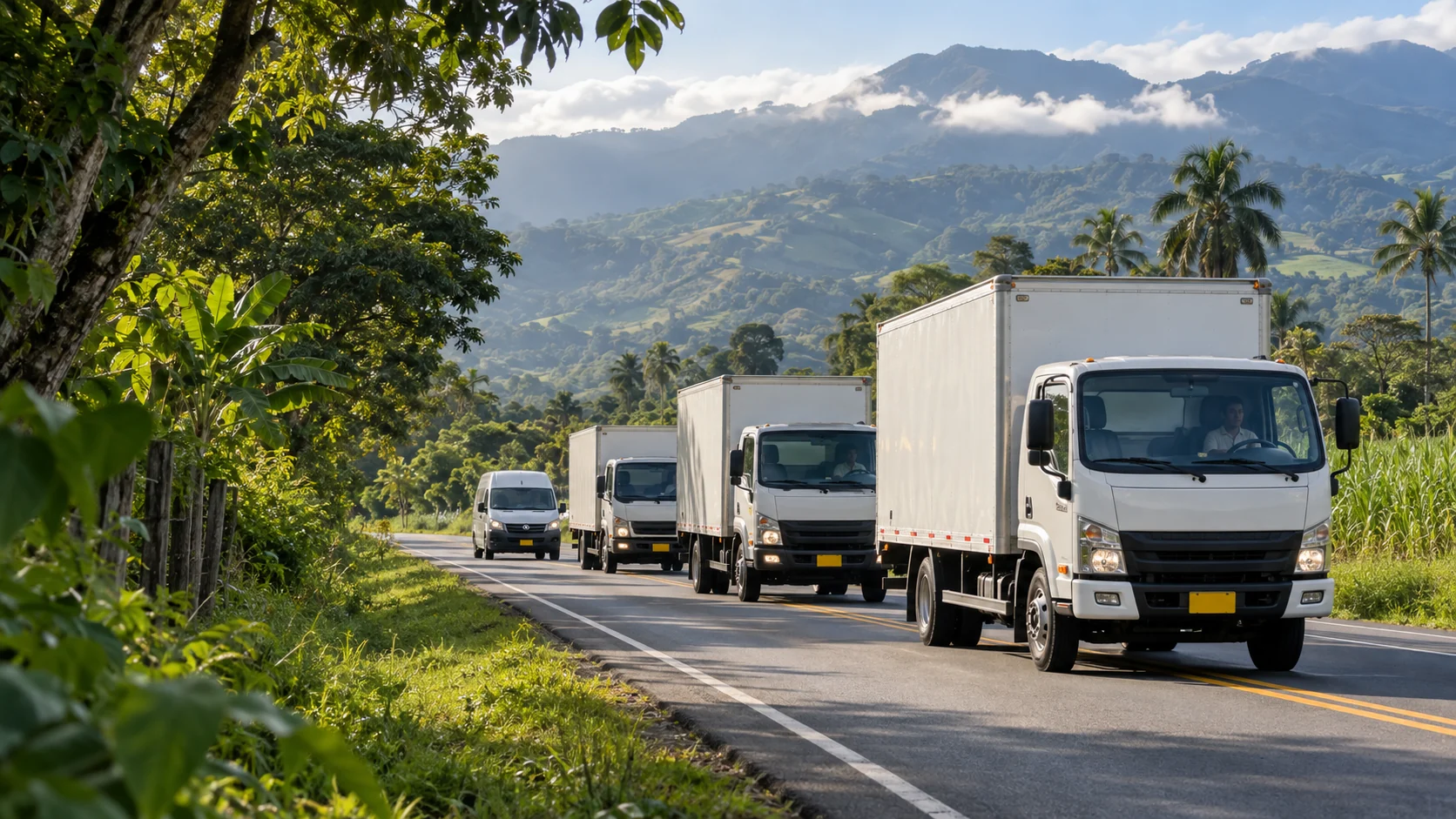 Flota de camiones y furgón circulando por una vía del Valle del Cauca; imagen ilustrativa